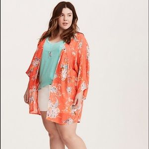 FLORAL PRINT LACE INSET KIMONO